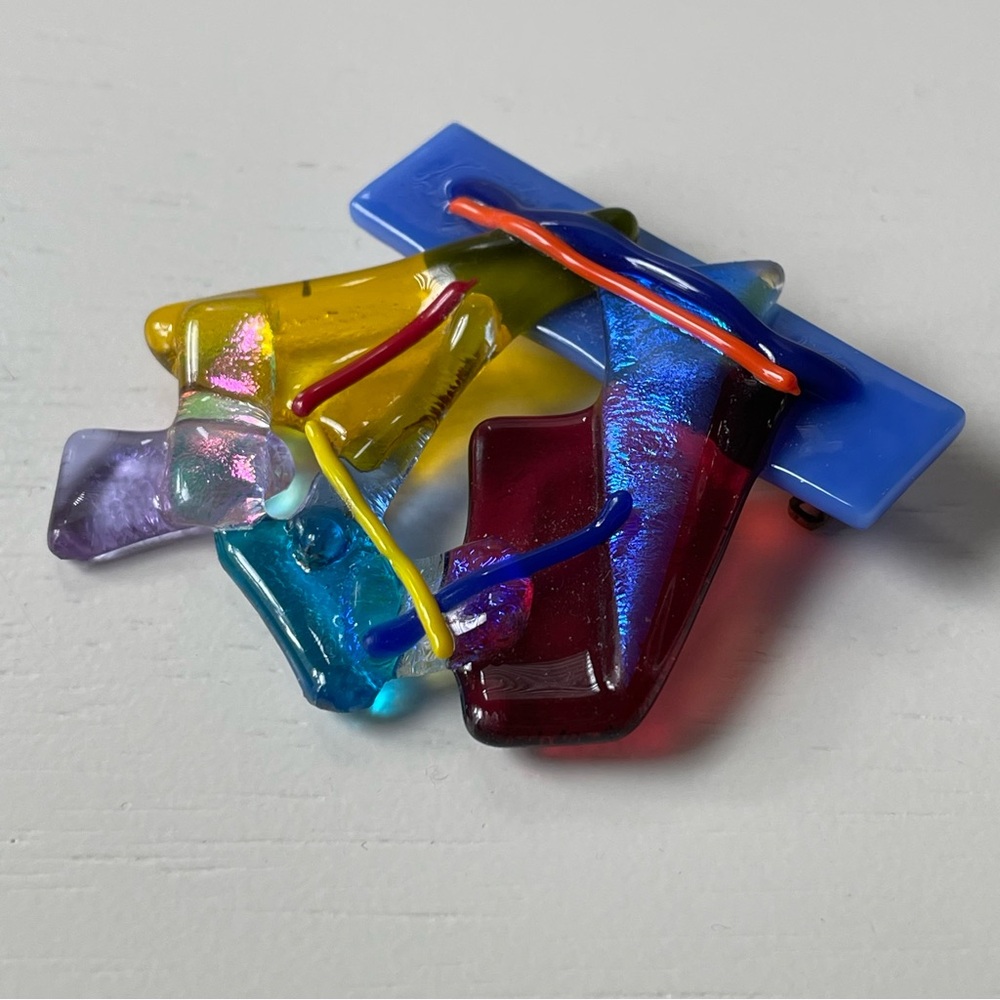 Signed vintage colorful fused art glass brooch ‘80s ‘90s - Picture 4 of 12